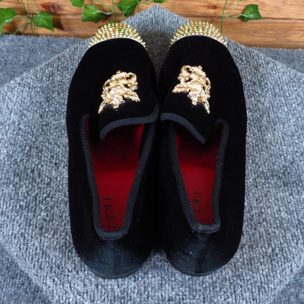 JITAI Velvet Crest Mens Loafers Size 12 Formal Wedding Party Black Gold Spiked